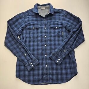 Columbia Mens Blue Plaid Long Sleeve Button Down Snap Pocket Shirt Small RN69724